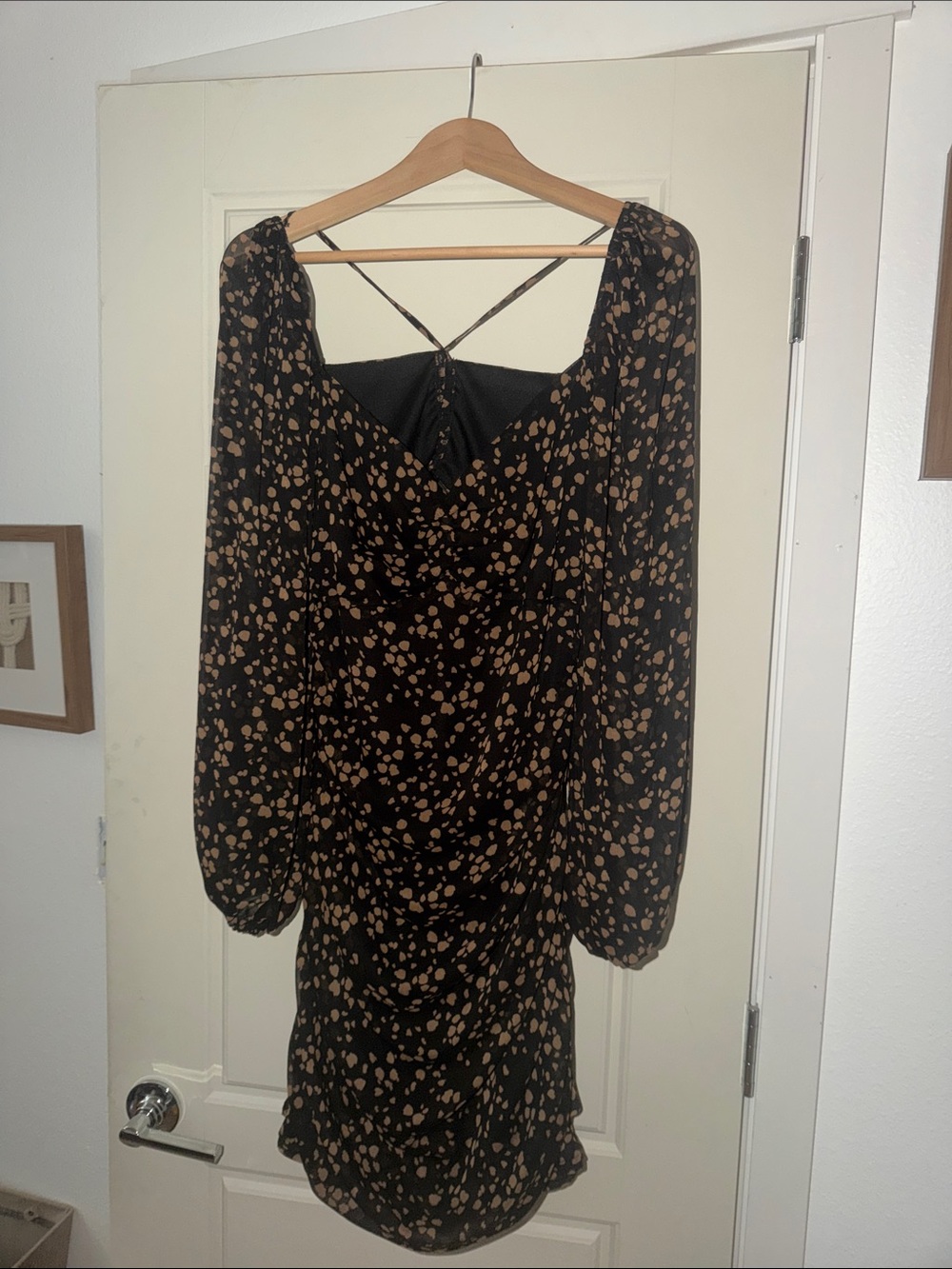 All in Favor Black Long-Sleeve Mini Dress with Tan Floral Print
